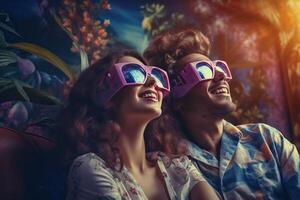 ai generado joven Pareja disfrutando 3d película. foto