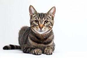 AI generated Studio portrait of a sitting tabby cat looking forward against a white backdground photo