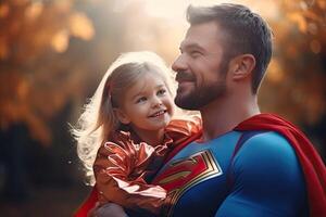 ai generado padre y hija unión mediante superhéroe jugar foto