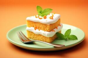 AI generated Delicious carrot sponge cake with cream and mint leaf photo