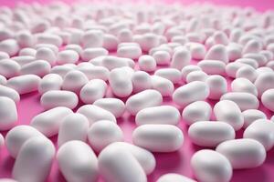 AI generated Pile of white round pills on pink background. photo