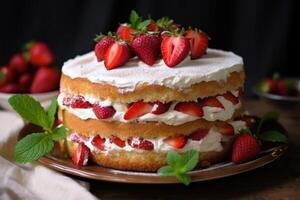AI generated Strawberry Summer Cake with Cream Cheese and Fresh Strawberries photo
