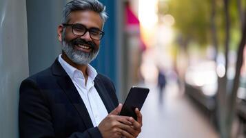 ai generado sonriente maduro empresario, confidente corporativo líder con teléfono foto