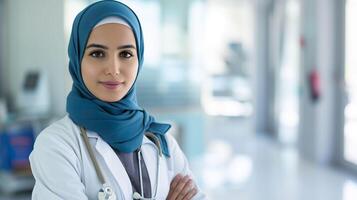 ai generado joven musulmán médico en hijab sonriente en brillante médico oficina foto