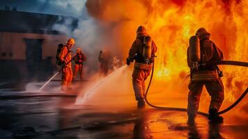 ai generado bombero capacitación, valiente bombero en acción con agua y extintor foto