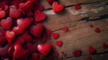AI generated Valentine Day background with red wooden hearts on wood table photo