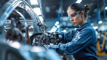 AI generated Confident Female Worker, Operating High-Tech Machinery in Automotive Manufacturing photo