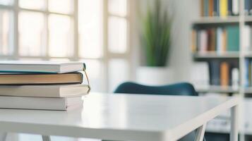 AI generated Cropped Shot of a Cozy Study Room with White Table, Books, and Stationery photo