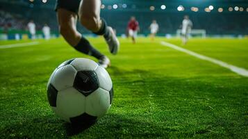 ai generado fútbol partido intensidad, jugador regate en grande estadio campo foto