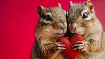 AI generated funny animal valentine's day love wedding celebration concept greeting card cute chipmunks couple holding red heart red background photo