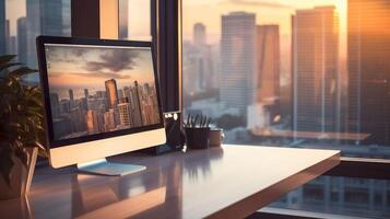 AI generated Modern Workspace, Desktop Computer on a Desk with a View photo