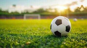 ai generado fútbol acción, dinámica jugar con fútbol pelota en el campo foto