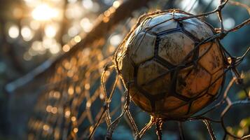 ai generado fútbol pelota rotura objetivo neto, dinámica Deportes momento foto