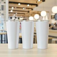 AI generated Stylish Cafe Scene, Tall Tumbler Product Mockup on Wooden Table photo