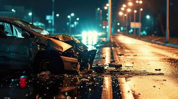 AI generated Nighttime Danger, Car Crash Accident on the Road photo