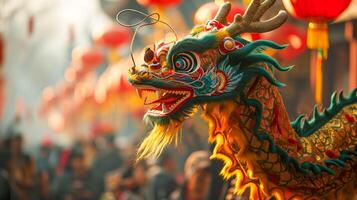 ai generado león danza celebracion, chino nuevo año tradicion en vibrante formar foto