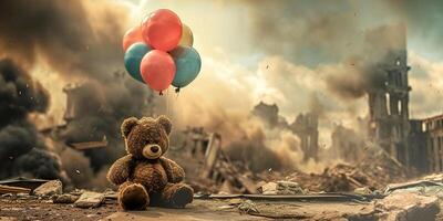 AI generated Teddy Bear Amidst Devastation, Symbol of Hope and Innocence photo