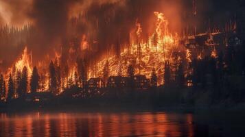 ai generado clima cambio crisis, fuego fatuo engulle pueblo en devastador llamas foto