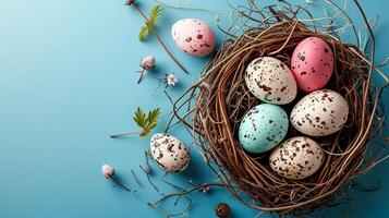 ai generado Pascua de Resurrección alegría, celebrar con pastel pintado huevos en pájaro nido foto