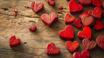 AI generated Valentine Day background with red wooden hearts on wood table photo