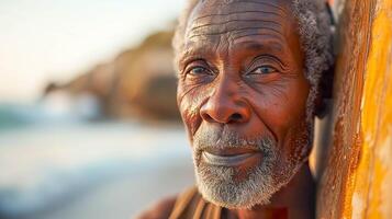 AI generated Sunny Beach Retirement, African American Senior with Surfboard photo