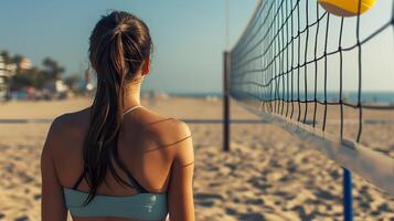 ai generado playa vóleibol estilo de vida, atlético niña en acción en arena foto