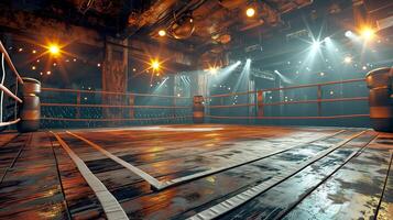 AI generated Boxing Match Close Up Arena Lights and Spectator Excitement photo