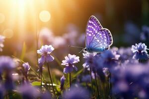 AI generated Macro image of purple butterfly on white violet flowers photo