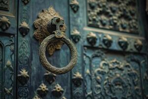 ai generado islámico puerta aldaba y adornos a Sevilla catedral. foto