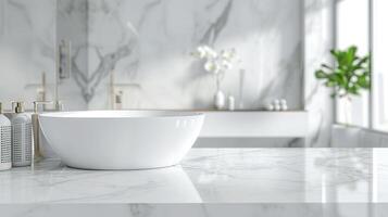AI generated Modern White Bathroom Interior with Elegant Marble Table Top for Product Display photo