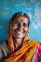 ai generado sonriente indio mujer, radiante alegría en un medio Disparo foto