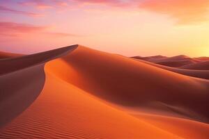 AI generated Amazing desert sunset. Beautiful Arabian desert with warm colors. Colorful contours of sand dunes at Abu Dhabi. photo