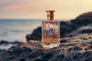 ai generado selectivo perfumería un de cerca de un vaso perfume botella por el océano. foto