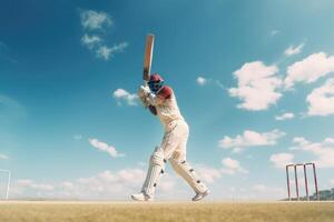 AI generated Batsman playing cricket under sunny sky. photo