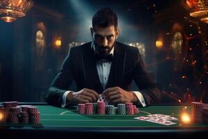 AI generated Casino dealer shuffling poker cards for big win. photo