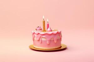 AI generated Birthday cake with gold candle and pink frosting photo