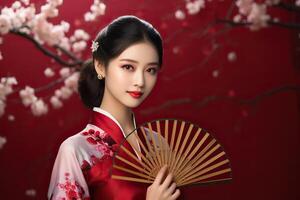 asiático mujer en tradicional vestir con limpiar piel, participación admirador, en rojo antecedentes foto