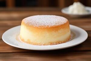 Delicious homemade sponge cake on white plate with ingredients. photo