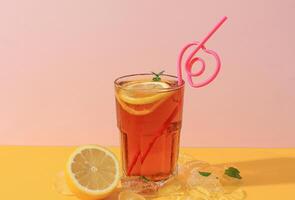 Iced Lemon Tea with Heart Shape Straw photo