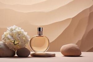 AI generated Perfume bottle mockup with pebble podium and hydrangea flowers photo