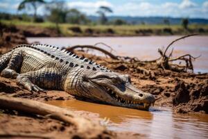 AI generated Crocodile basking on Mara River in Maasai Mara National Reserve, Kenya. photo