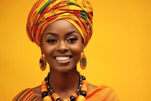 alegre africano mujer celebra su vibrante cultural patrimonio foto