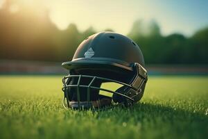 AI generated Cricket fans helmet on green grass with focused lights. photo