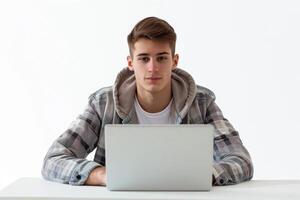 AI generated Caucasian student freelancer excels in remote e learning. photo