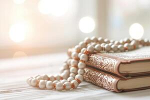 AI generated Quran and rosary beads symbolize Ramadan photo