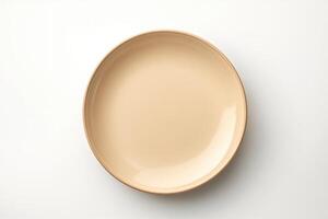 AI generated Empty beige plate on white background. photo