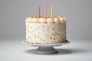 ai generado vistoso vainilla crema de mantequilla cumpleaños pastel en neutral antecedentes. foto