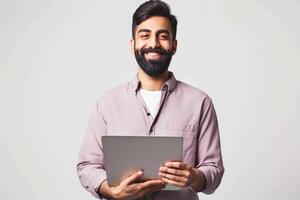 AI generated Smiling young man with laptop  dreaming and thinking. photo