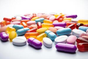 AI generated Colorful Antibacterial Pills on White Background photo