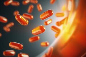AI generated Falling antibiotic capsules  medical 3D background. photo